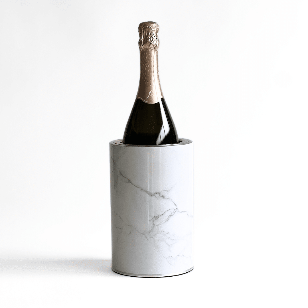 Coolenator white marble design wine cooler with a bottle of wine