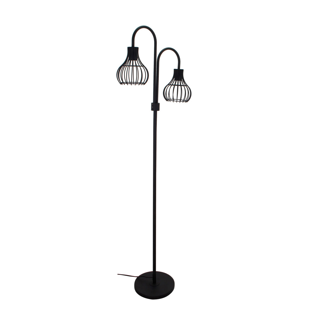 Moderne Bogenlampe Cipolle – Schwarze Metall-Stehlampe mit zwei E27-Lichtquellen.