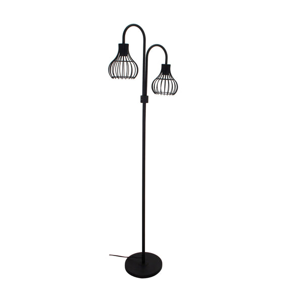 Moderne Bogenlampe Cipolle – Schwarze Metall-Stehlampe mit zwei E27-Lichtquellen.