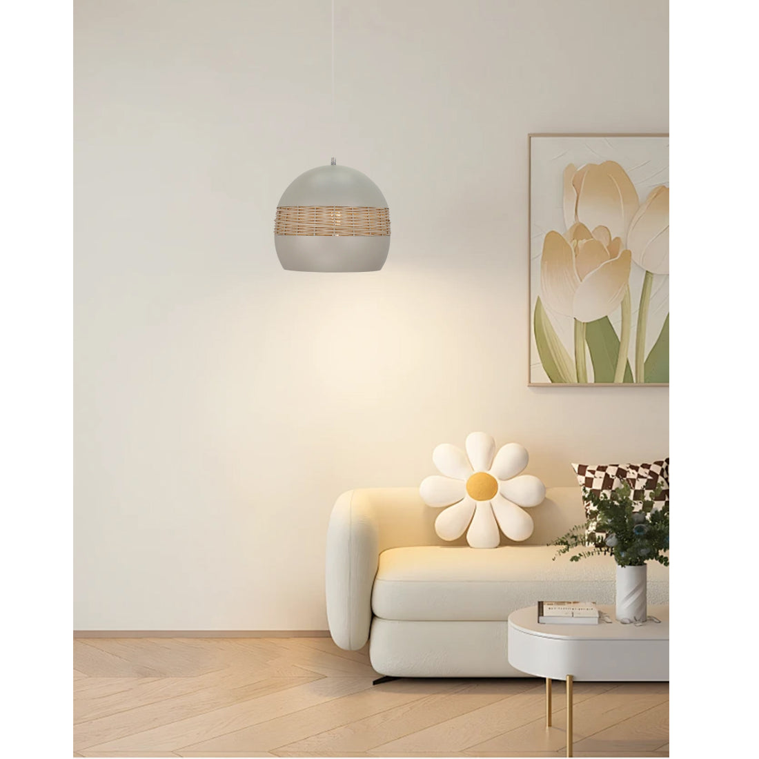 Various Caserta Pendelleuchte 1-flammig Ø28 cm Creme Rattan Deckenleuchte