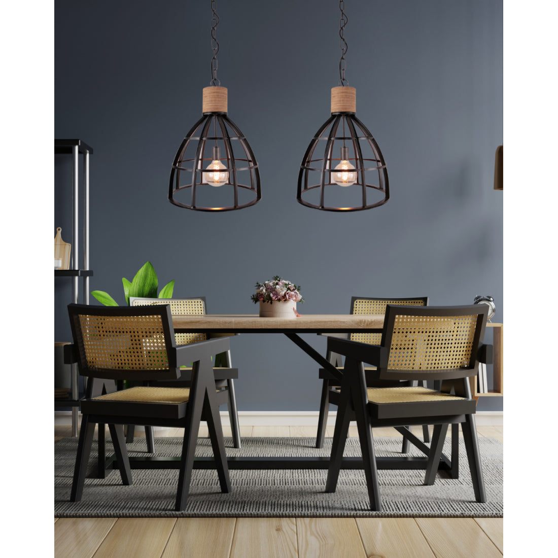 Detailaufnahme der offenen Lampenschirme und Holzdetails der 2-flammigen Frame Hängelampe