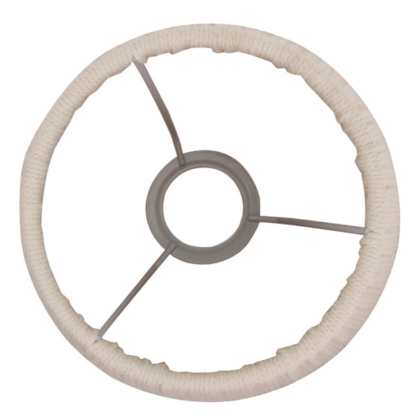 Bovenaanzicht van de beige geweven lampenkap met E27-fittinghouder.