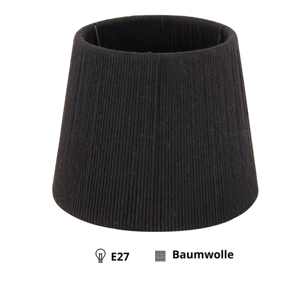 Vrijstaande ronde lampenkap van zwart katoen-koord tegen een lichte achtergrond.