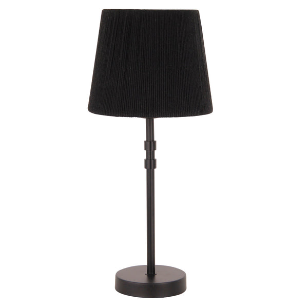 Moderne zwarte drum-lampenkap met een ambachtelijke geweven textuur.