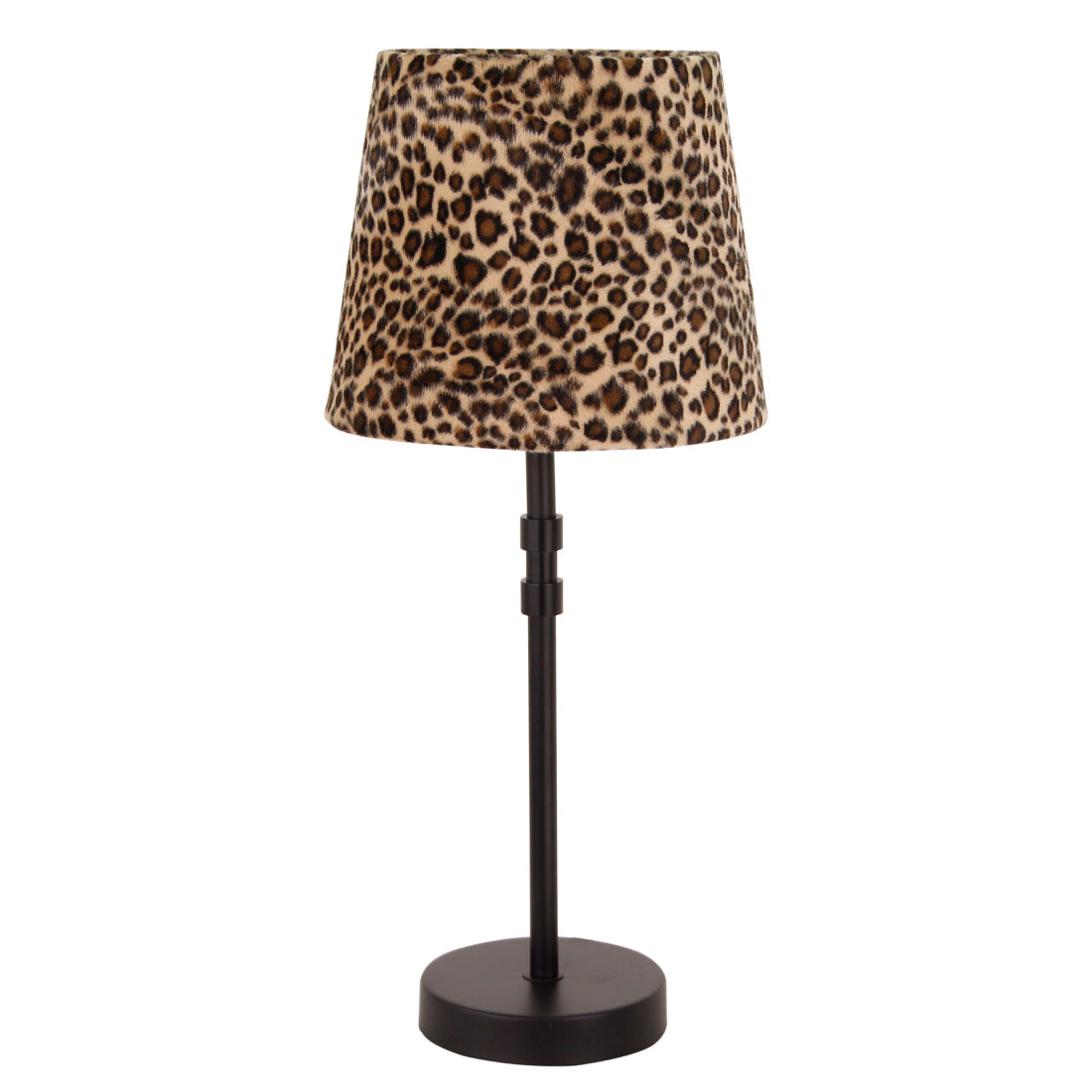 Liggende lampenkap drum rond fluweel met pantermateriaal op een witte achtergrond.