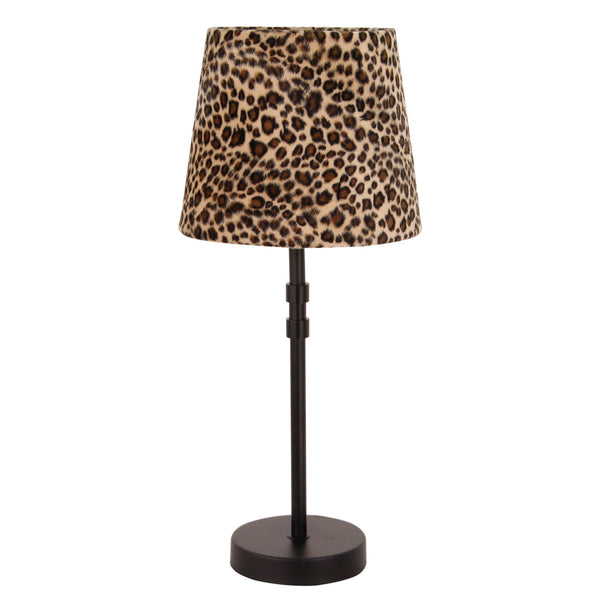 Liggende lampenkap drum rond fluweel met pantermateriaal op een witte achtergrond.