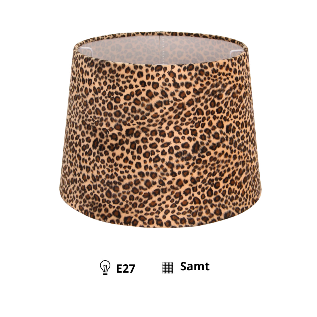 Zijaanzicht van de panterprint lampenkap maat Ø35 cm tegen een neutrale achtergrond.