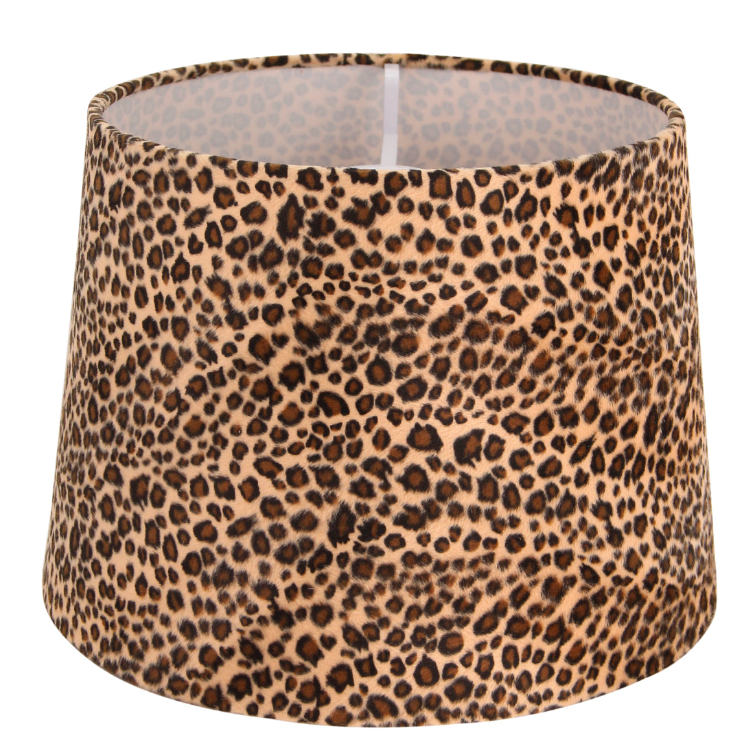 Liggende lampenkap drum rond fluweel met pantermateriaal op een witte achtergrond.