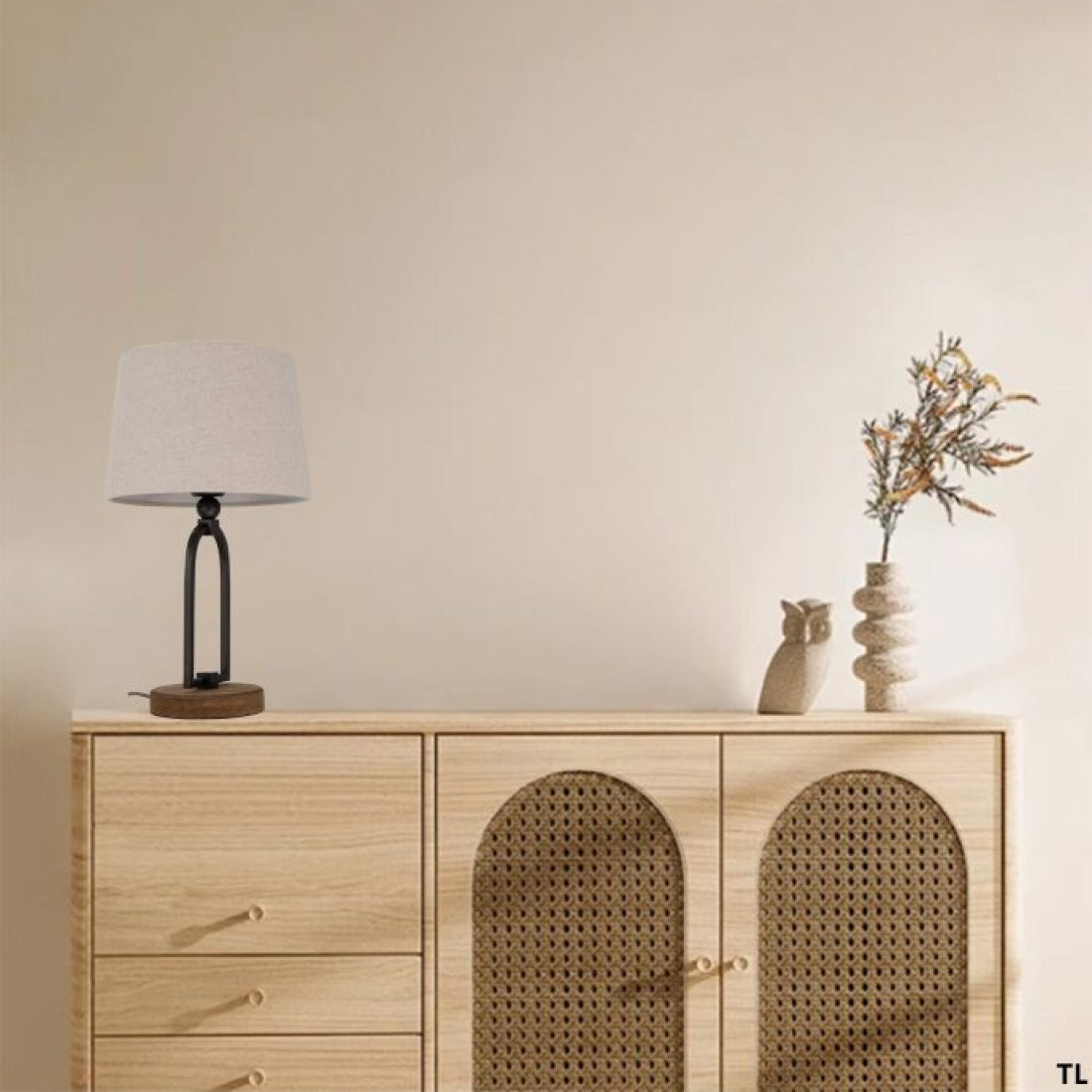 Various Vintage Table Lamp – E27 – Height 45 cm – Wooden Base & Metal Frame – Beige Fabric Shade