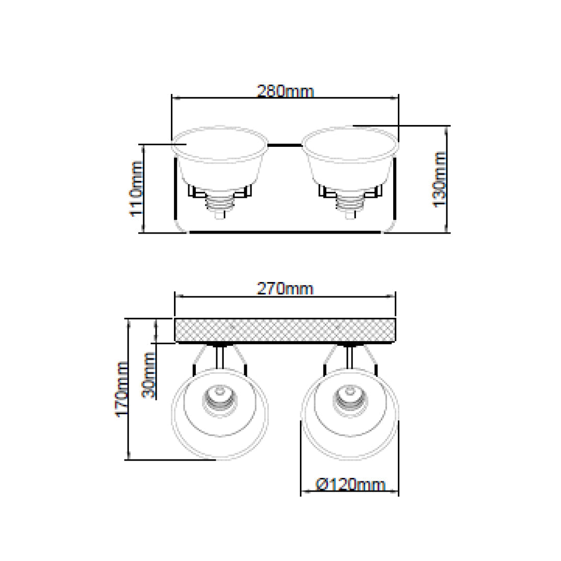 Max plafondlamp van Various, 2 lichts, Ø12 cm, stijlvolle, zwart black steel spot met vintage hout.