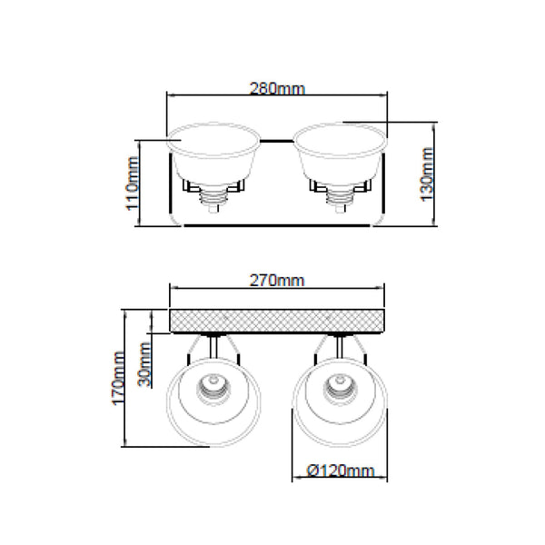 Max plafondlamp van Various, 2 lichts, Ø12 cm, stijlvolle, zwart black steel spot met vintage hout.