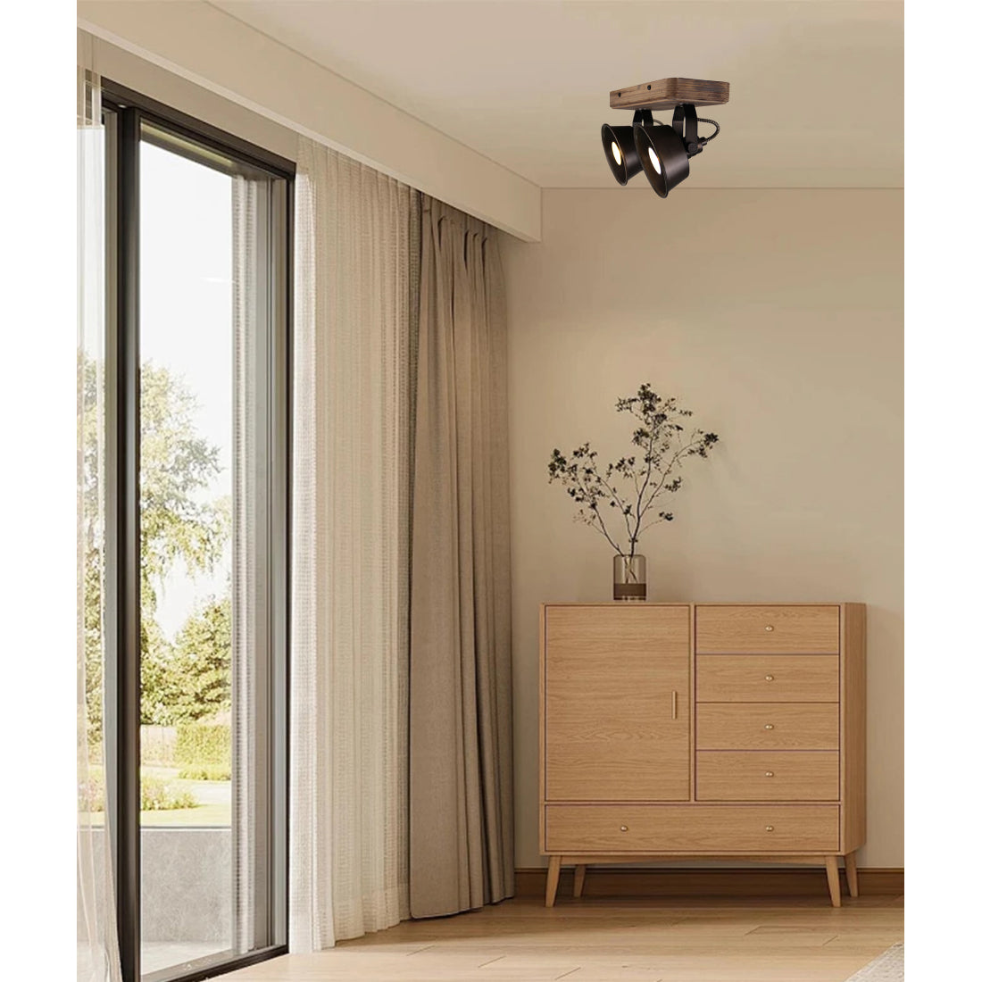 Max plafondlamp van Various, 2 lichts, Ø12 cm, stijlvolle, zwart black steel spot met vintage hout.