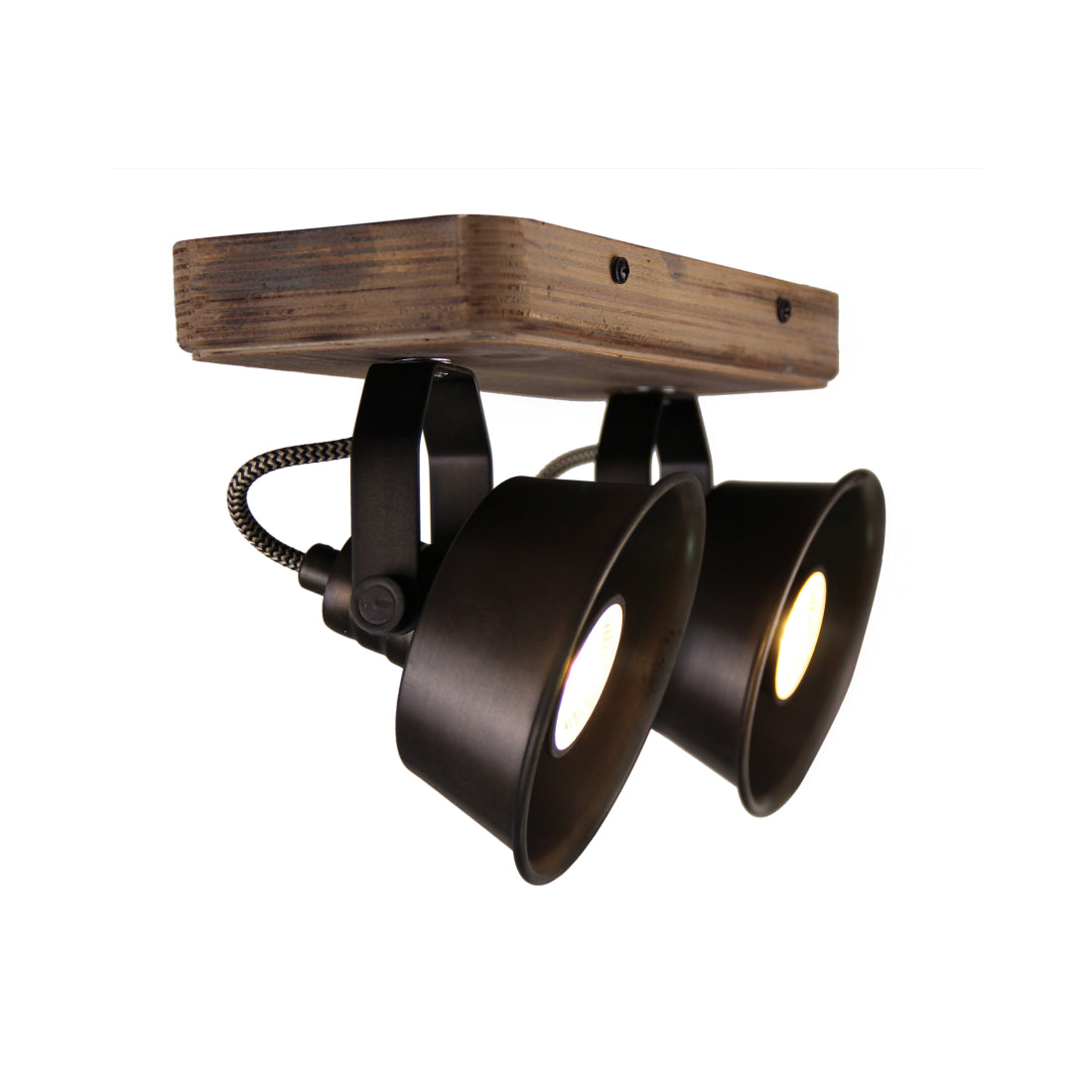 Max plafondlamp van Various, 2 lichts, Ø12 cm, stijlvolle, zwart black steel spot met vintage hout.