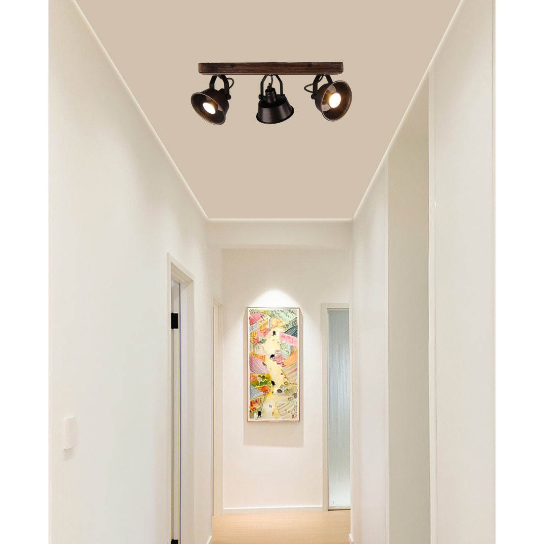 Max plafondlamp van Various, 3 lichts, Ø12 cm, stijlvolle, zwart black steel spot met vintage hout.