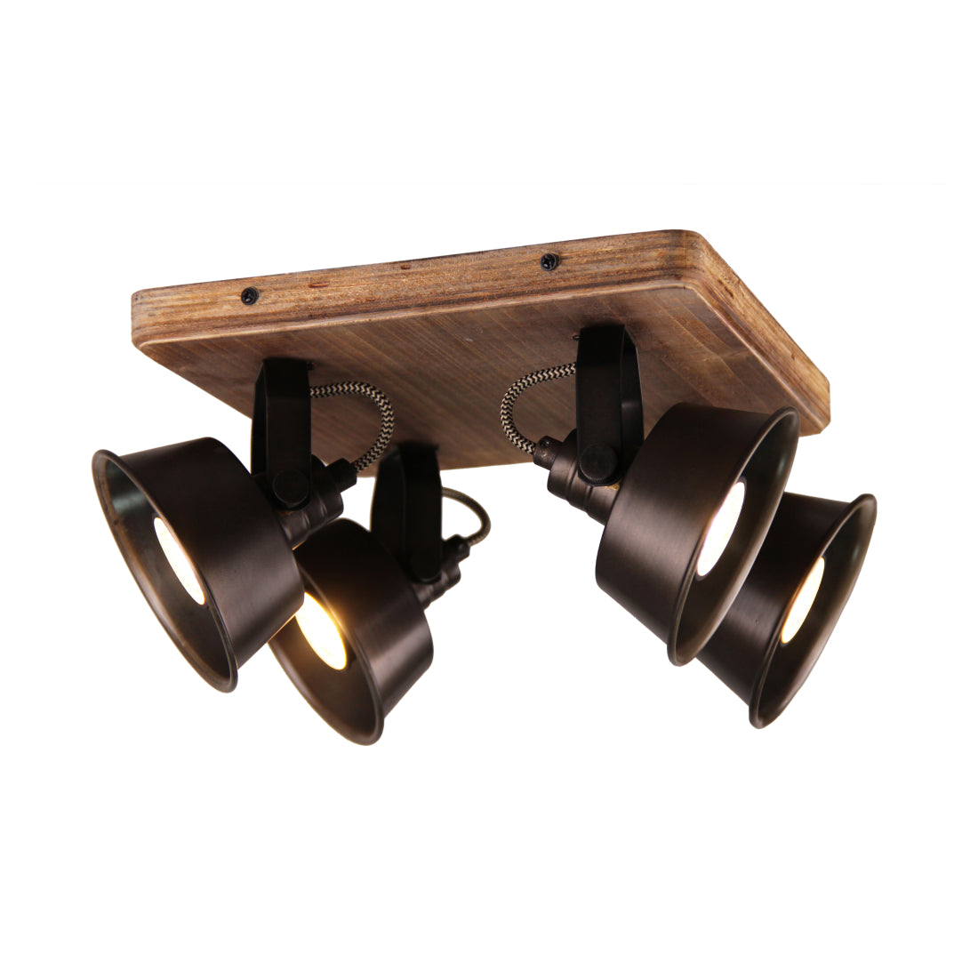 Max plafondlamp van Various, 4 lichts, Ø12 cm, stijlvolle, zwart black steel spot met vintage hout.