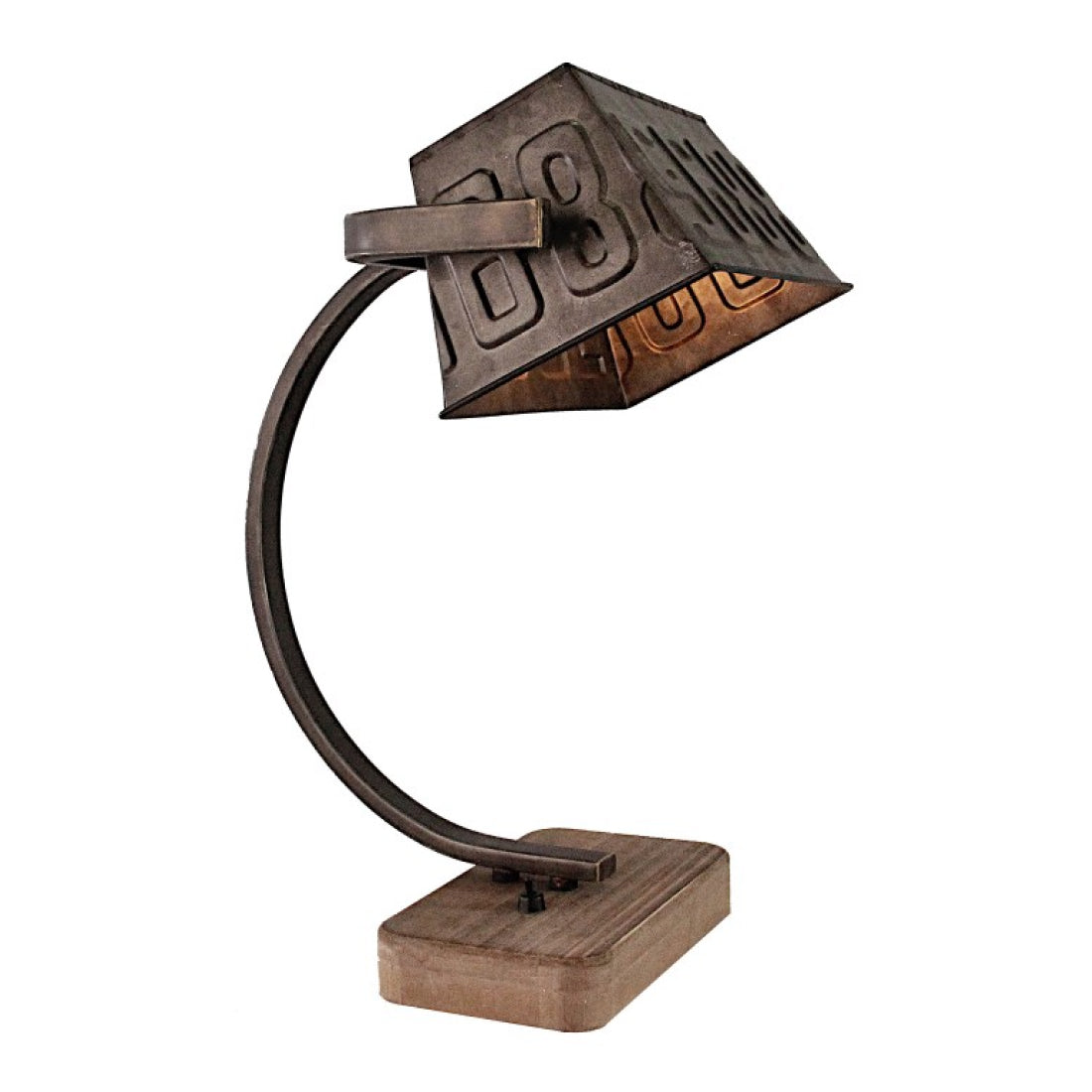 Various tafellamp 39 cm hoog in black steel, hout en metaal, volledig afgebeeld tegen neutrale achtergrond.