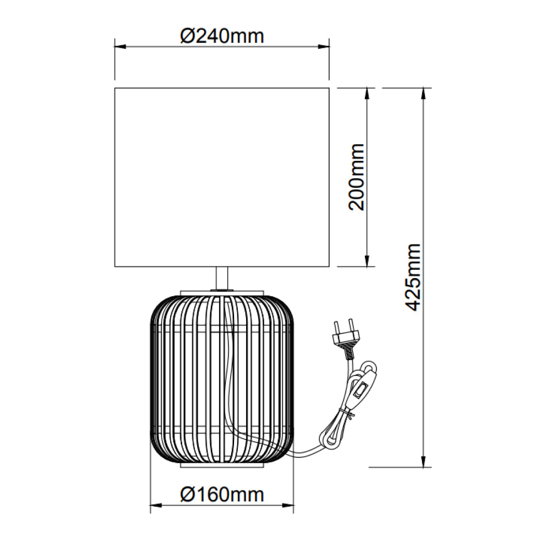 Technische tekening van de Various Woven tafellamp Ø24 cm met afmetingen en E27 fitting.