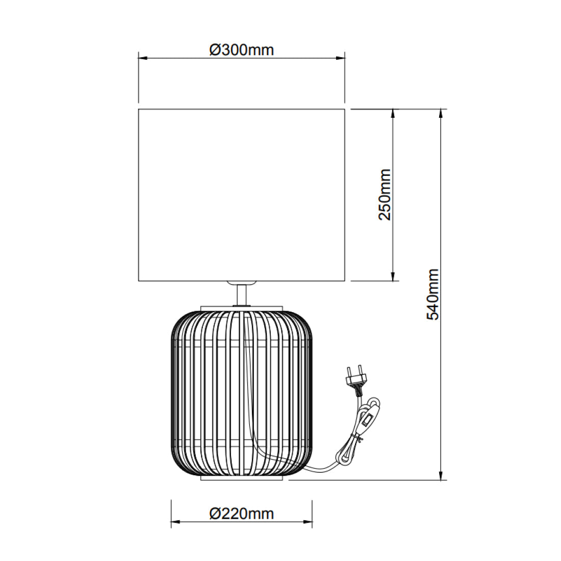 Technische tekening van de Various Woven tafellamp Ø30 cm met afmetingen en E27 fitting.