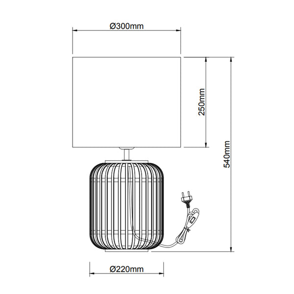 Technische tekening van de Various Woven tafellamp Ø30 cm met afmetingen en E27 fitting.