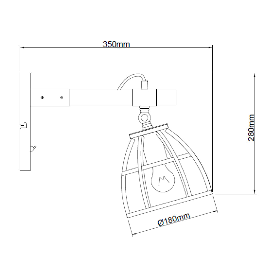 Technische tekening van de Chericoni Aperto wandlamp Ø18 cm met afmetingen en E27 fitting.