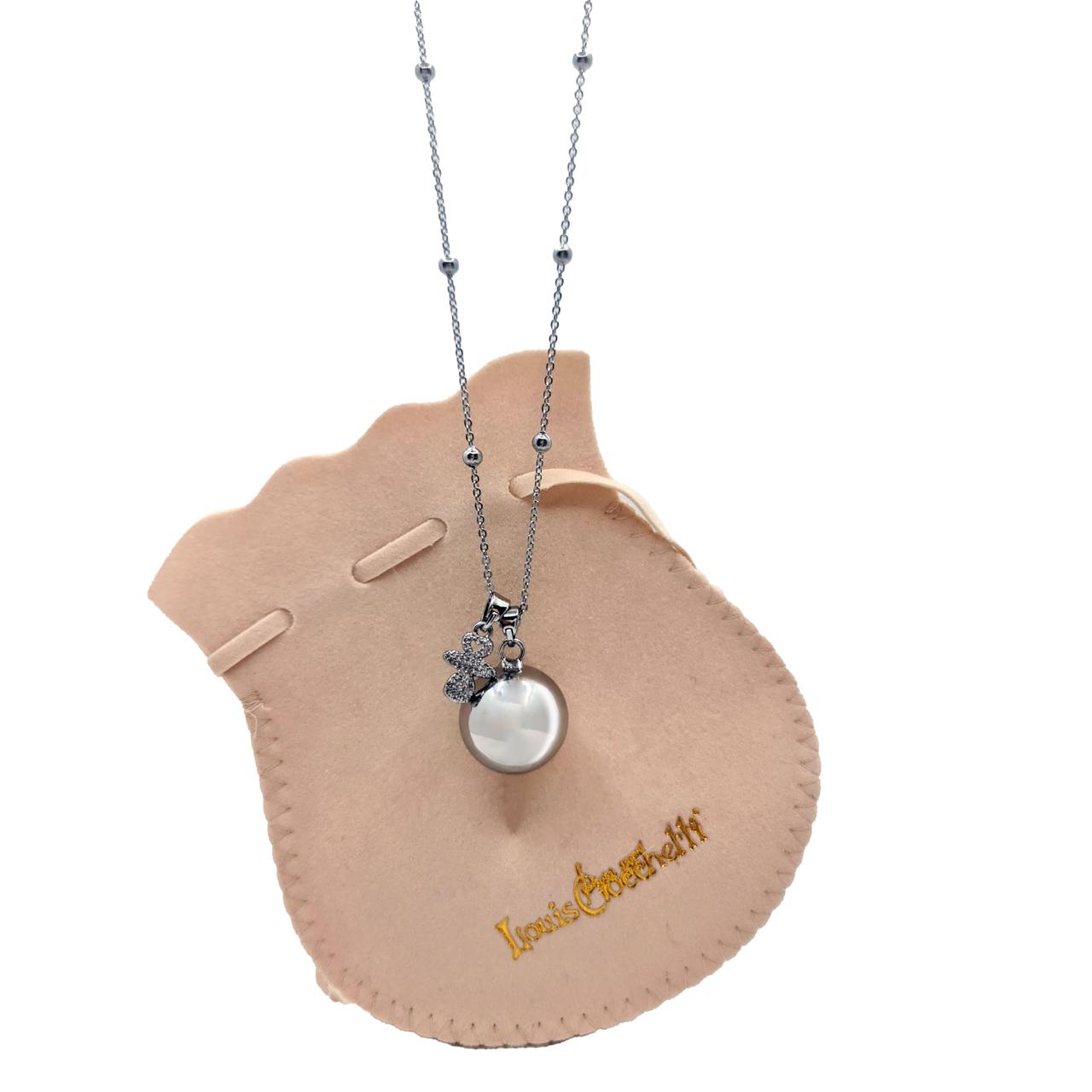 Angel caller necklace in steel 100 cm with mirror polished sphere with rattle 2.5 cm and pacifier