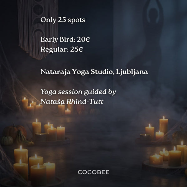 Promotional graphic for a yoga session at Nataraja Yoga Studio in Ljubljana, featuring a dark, atmospheric background with floating candles, a moon goddess wall hanging, and a faint yoga pose silhouette. Text details pricing and booking, with the brand name COCOBEE at the bottom.