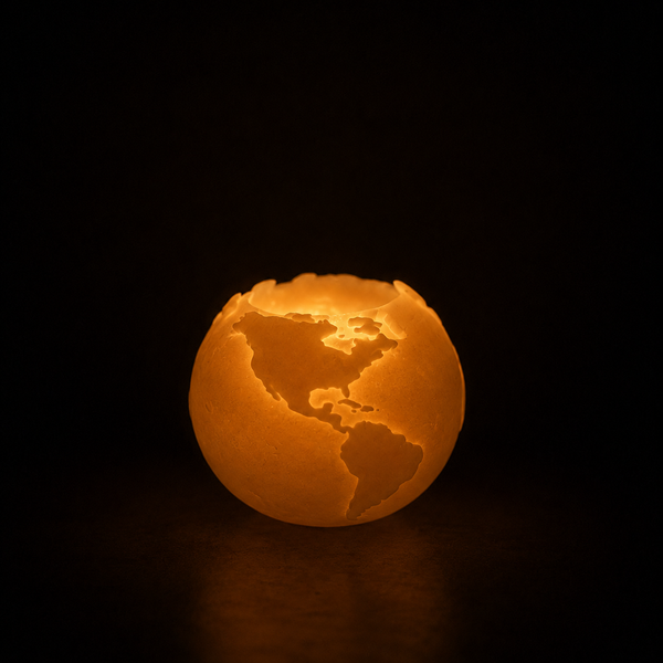Lit globe-shaped beeswax candle by CocoBee