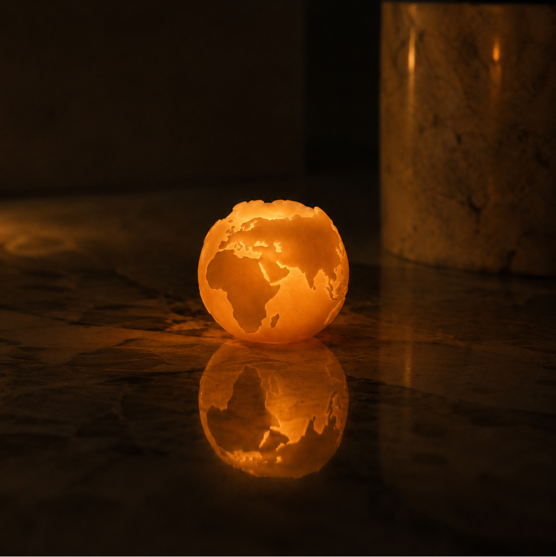Globe-shaped beeswax candle on a reflective surface with a dark background