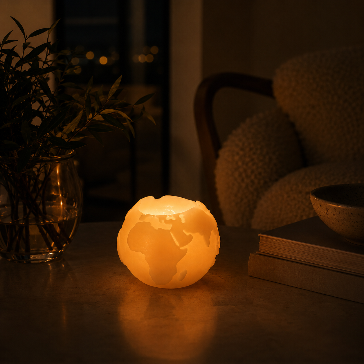 CocoBee globe beeswax candle on a neutral surface