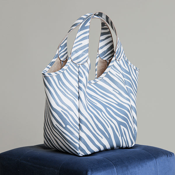 ZEBRA - Screen-printed leather tote in blue