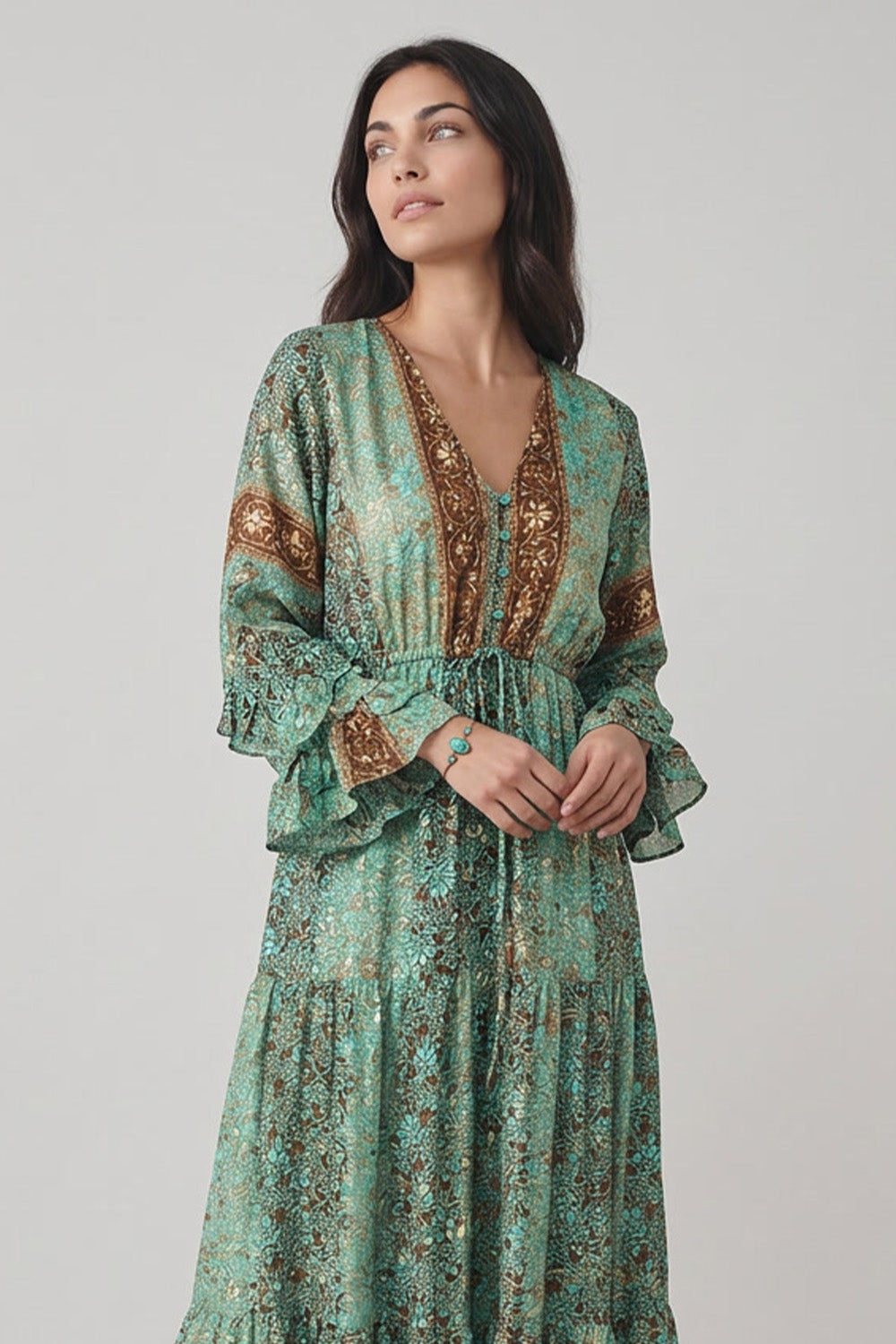 Long Gipsy Dress with Turquoise Buttons