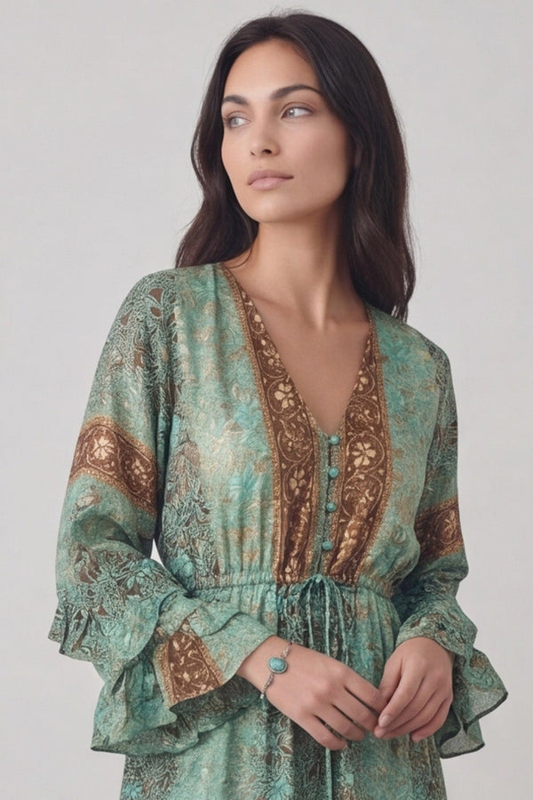 Long Gipsy Dress with Turquoise Buttons