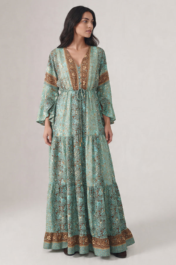 Long Gipsy Dress with Turquoise Buttons