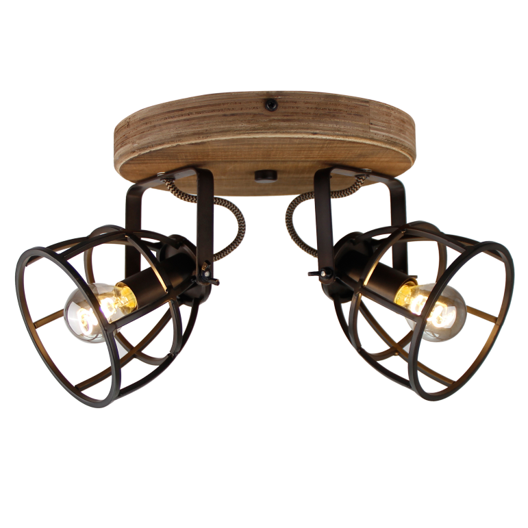 De zwarte plafondlamp Aperto heeft een industrieel design met houten accenten.