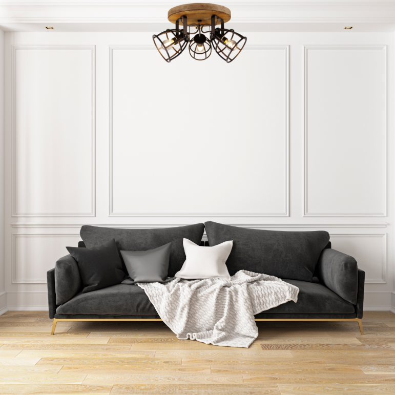 De zwarte Aperto plafondlamp met houten accent geeft een sfeervolle industriële uitstraling aan elke ruimte.