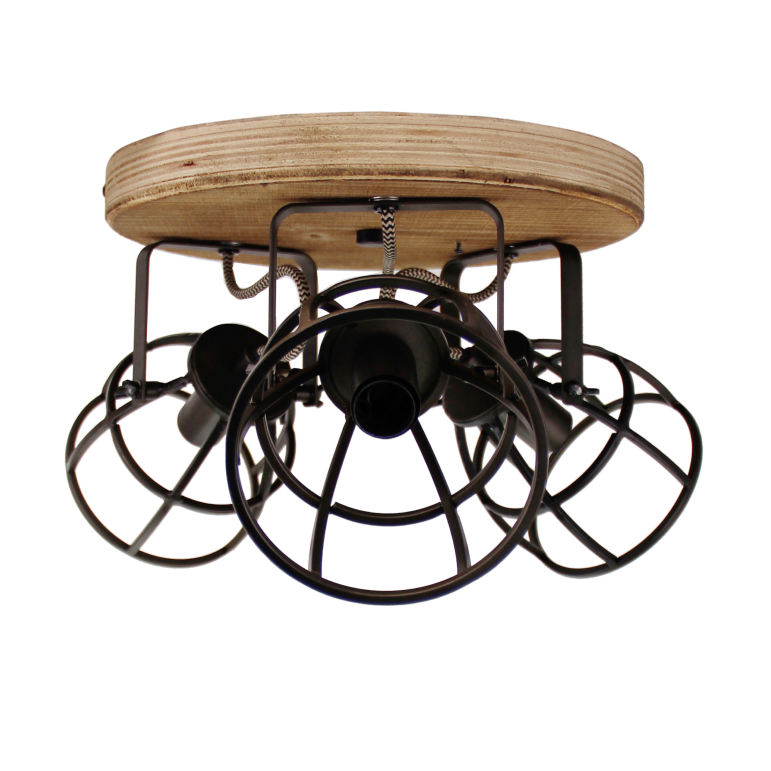 Detailweergave van de zwarte Aperto plafondlamp met houtaccenten. Perfect voor een industriële touch in uw interieur.