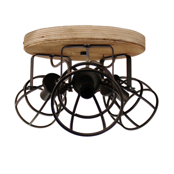 Detailweergave van de zwarte Aperto plafondlamp met houtaccenten. Perfect voor een industriële touch in uw interieur.
