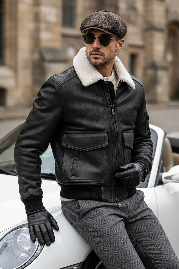 Giacca Aviatore Uomo Nero Shearling Style - Barone Firenze