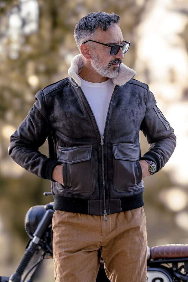 Giacca Aviatore Uomo Nero Shearling Style - Barone Firenze