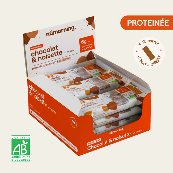 Boîte de 12 barres de céréales à la cacahuète nümorning, protéinées bio, +1 barre offerte