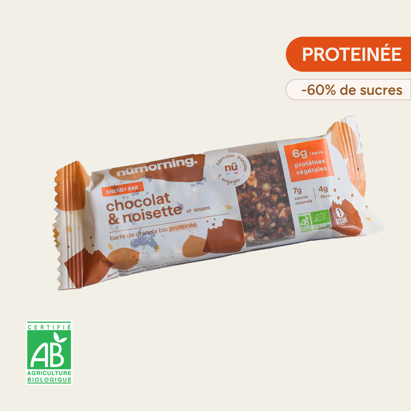Barre de céréales au chocolat et à la noisette nümorning, protéinée bio, -60% de sucres