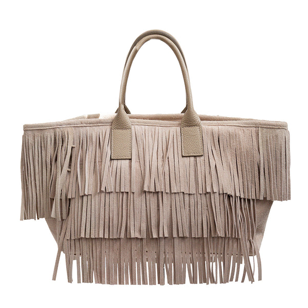 BEA - Suede Fringe Shopping Bag in Sand