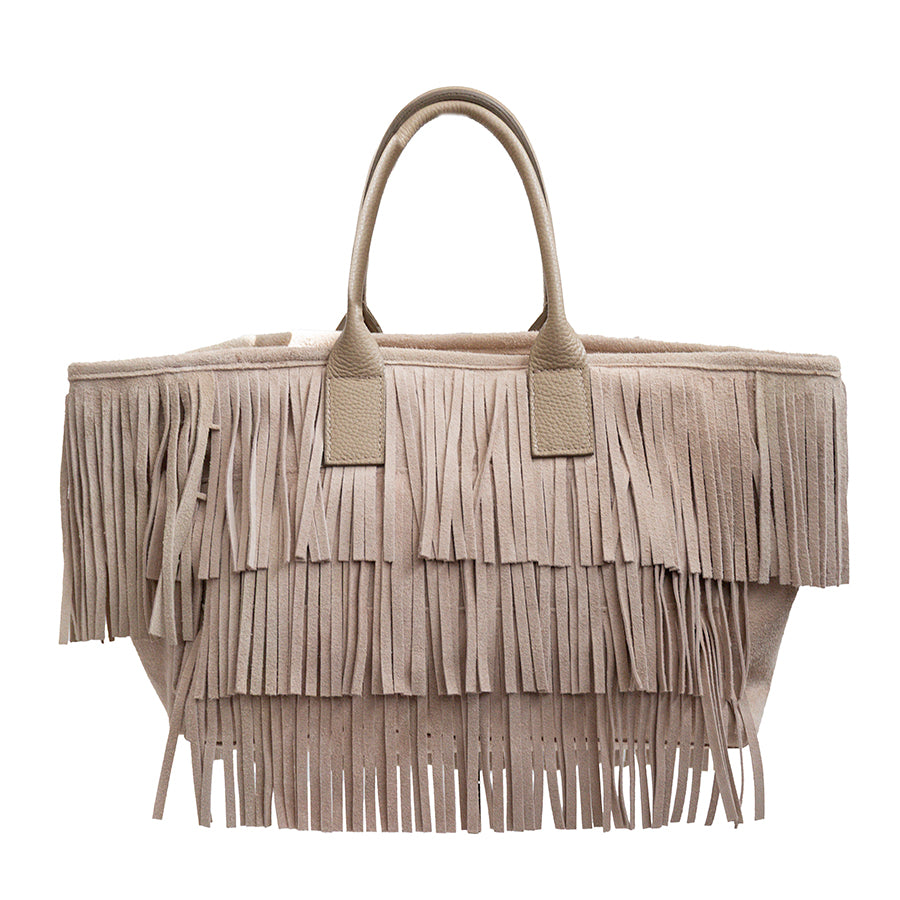 BEA - Suede Fringe Shopping Bag in Sand