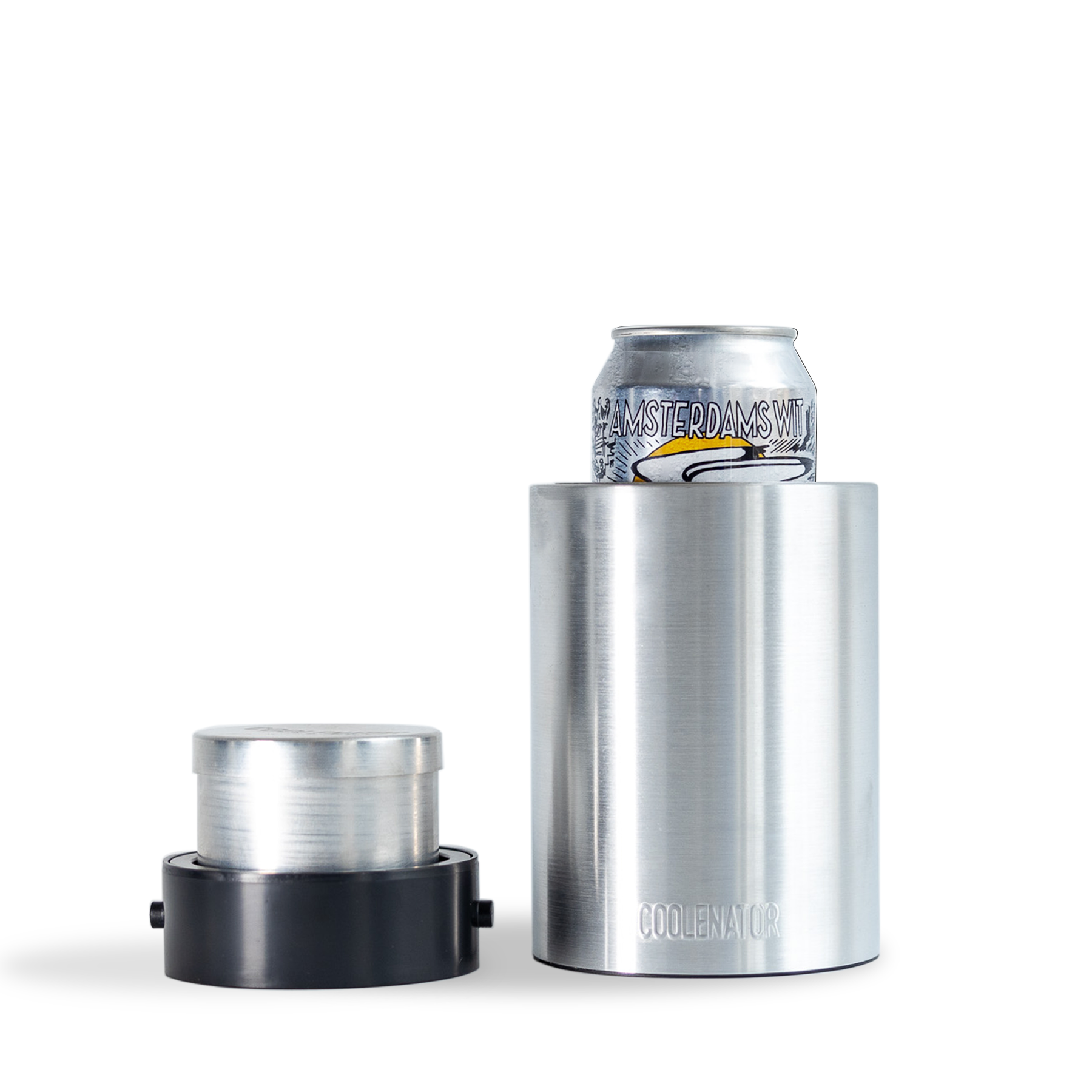 The coolenator beer cooler with the removable freezer bullet and next to it a can of beer in the coolenator.