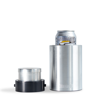 The coolenator beer cooler with the removable freezer bullet and next to it a can of beer in the coolenator.