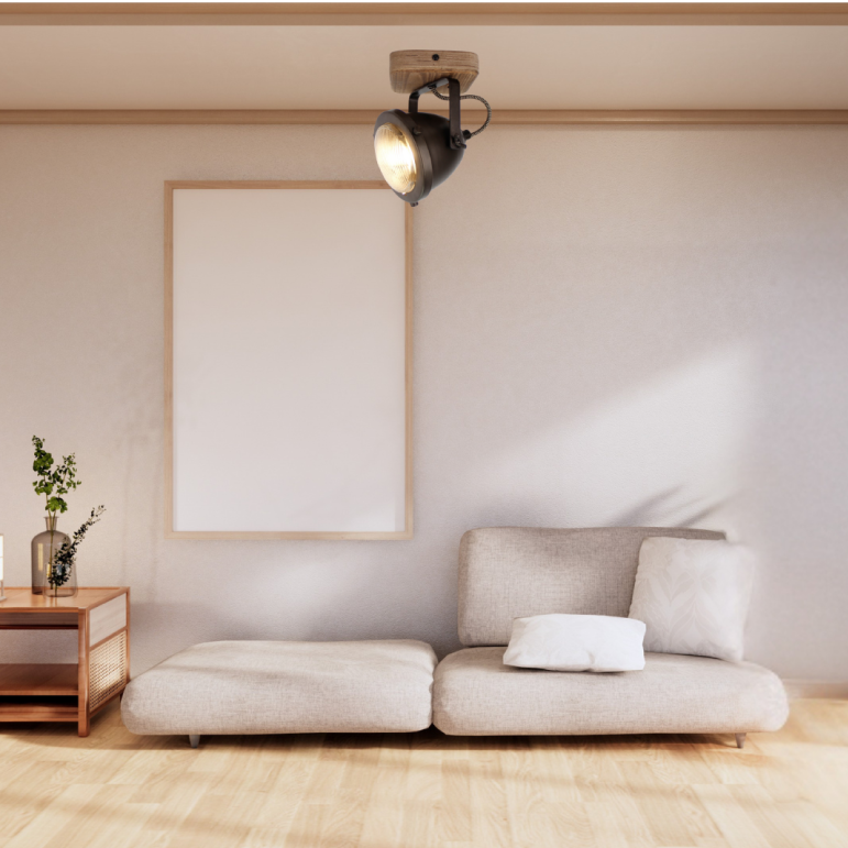 Detailopname van de zwarte Bella plafondlamp. Het industriële design voegt een moderne touch toe aan jouw interieur.