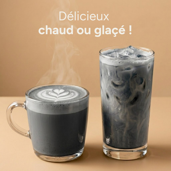 Black sésame servi chaud en mug et glacé en verre