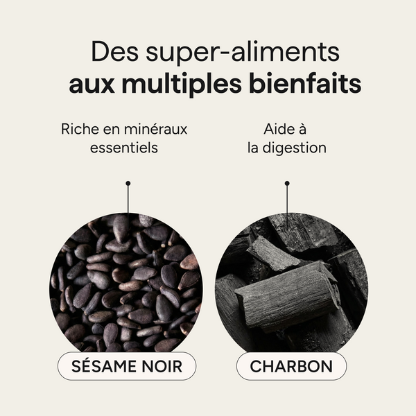 Ingrédients du black sésame et leurs qualités : sésame noir et charbon