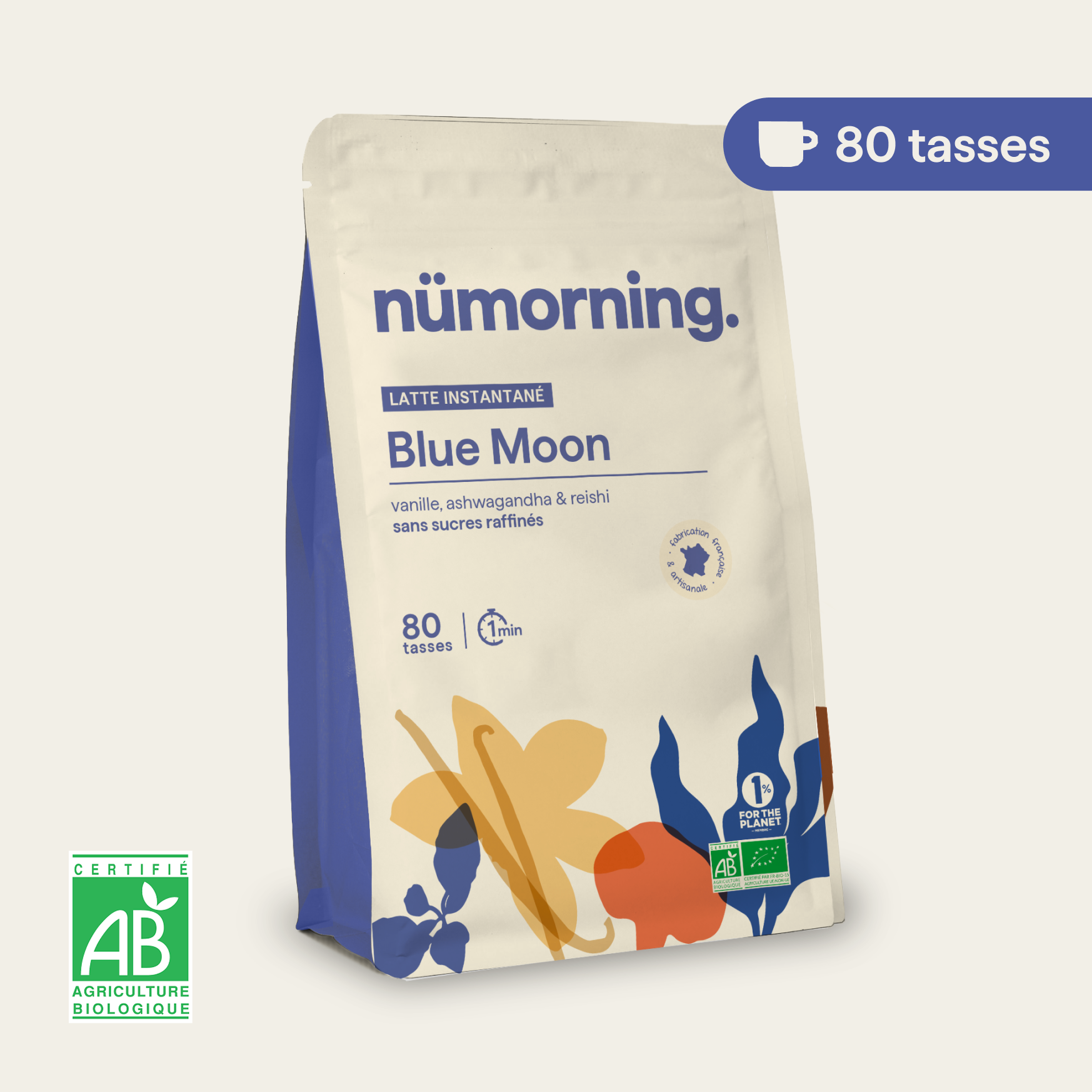 Sachet de moon milk bio en poudre Blue Moon nümorning, en format 80 tasses