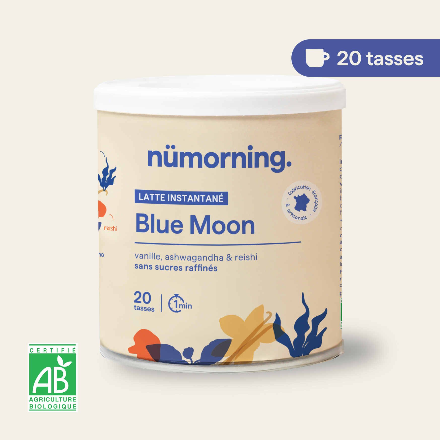 Pot de blue latte bio en poudre Blue Moon nümorning, en format 20 tasses